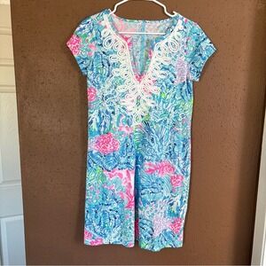 Lilly Pulitzer Pima Cotton Soutache Shift Dress Blue Pink Coral Print Small